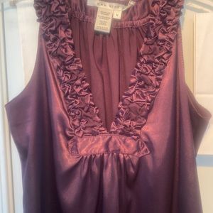 Mac Studio satin look soft ruffled long top Elegant eggplant purple